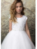 Pearl Neck White Satin Glitter Tulle Flower Girl Dress